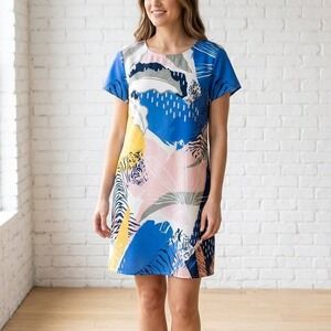 Minkpink Shift Dress Womens Small Blue Tiger Abstract Art Short Sleeve Mini Boho